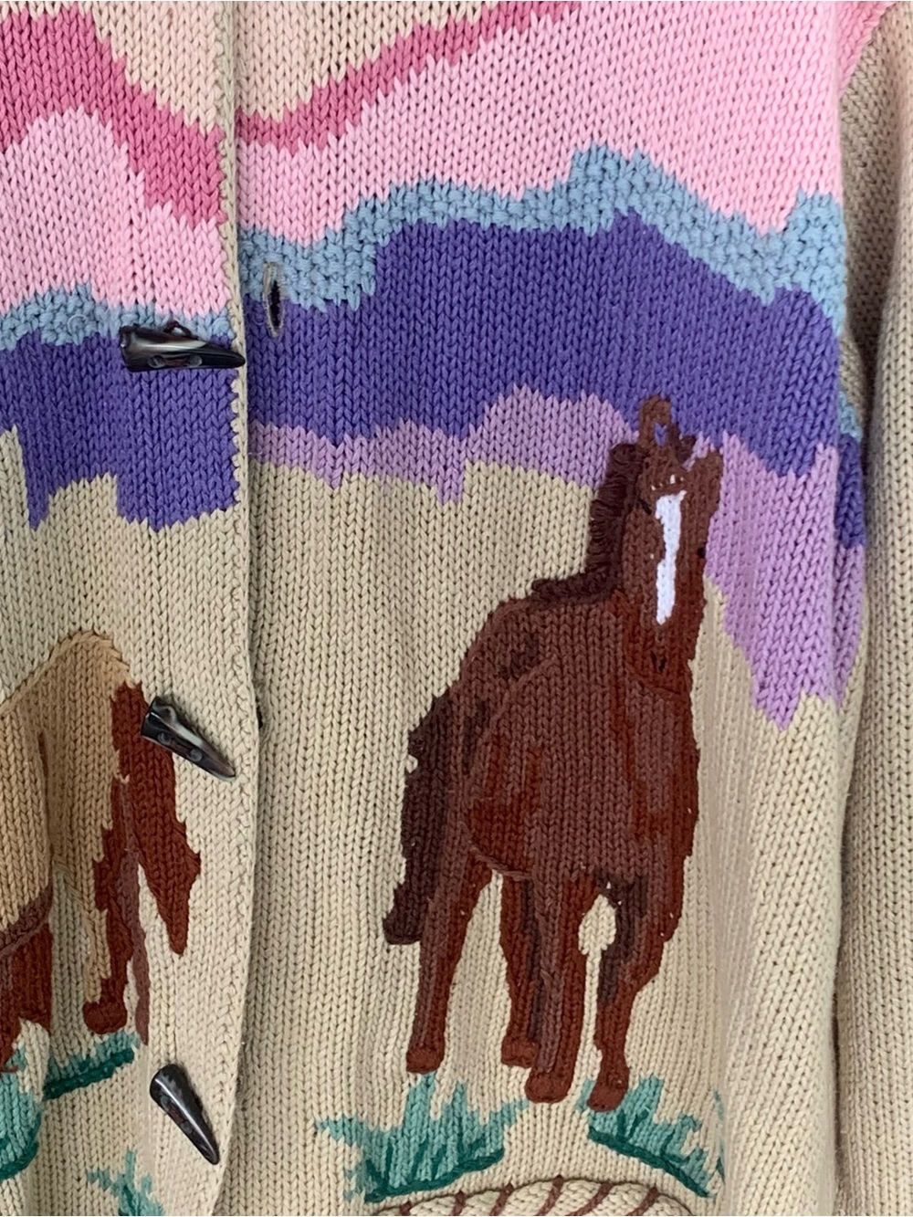 Handknit Storybook Knits Sunrise Scene Southwestern Horse Cardigan Sweater Large - Picture 2 of 11
